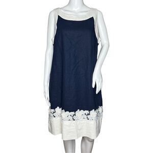 Eliza J Dress Women 14 Navy Blue White Crochet 3D Flowers Preppy Boho Minimalist